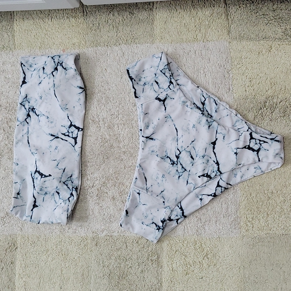 Two Piece Bandeau Black and White Marble Bikini